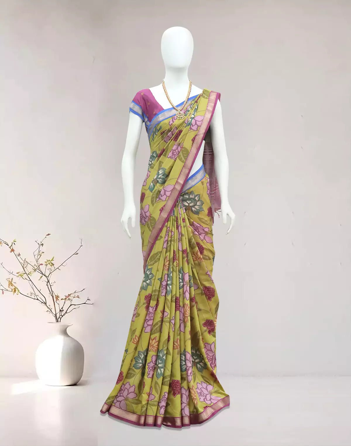 Image of Mehendi Green Floral Dola Silk Saree with Ganga Jamuna Kaddi Border - South India Shopping Mall