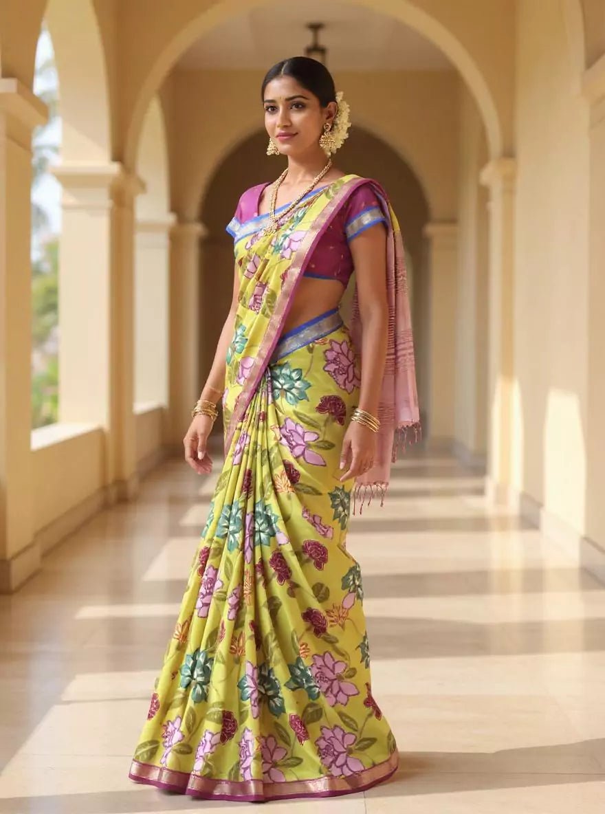 Mehendi Green Floral Dola Silk Saree with Ganga Jamuna Kaddi Border - South India Shopping Mall