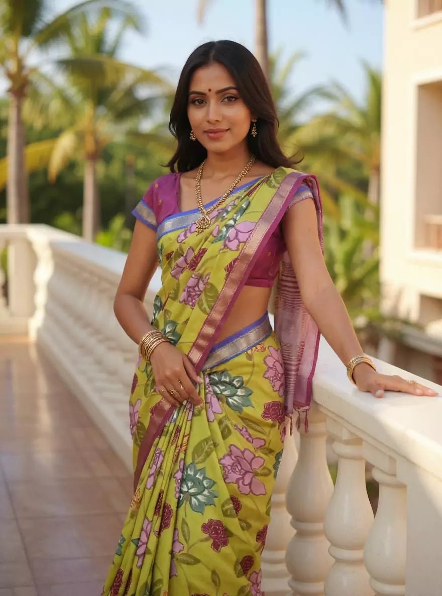 Image of Mehendi Green Floral Dola Silk Saree with Ganga Jamuna Kaddi Border - South India Shopping Mall