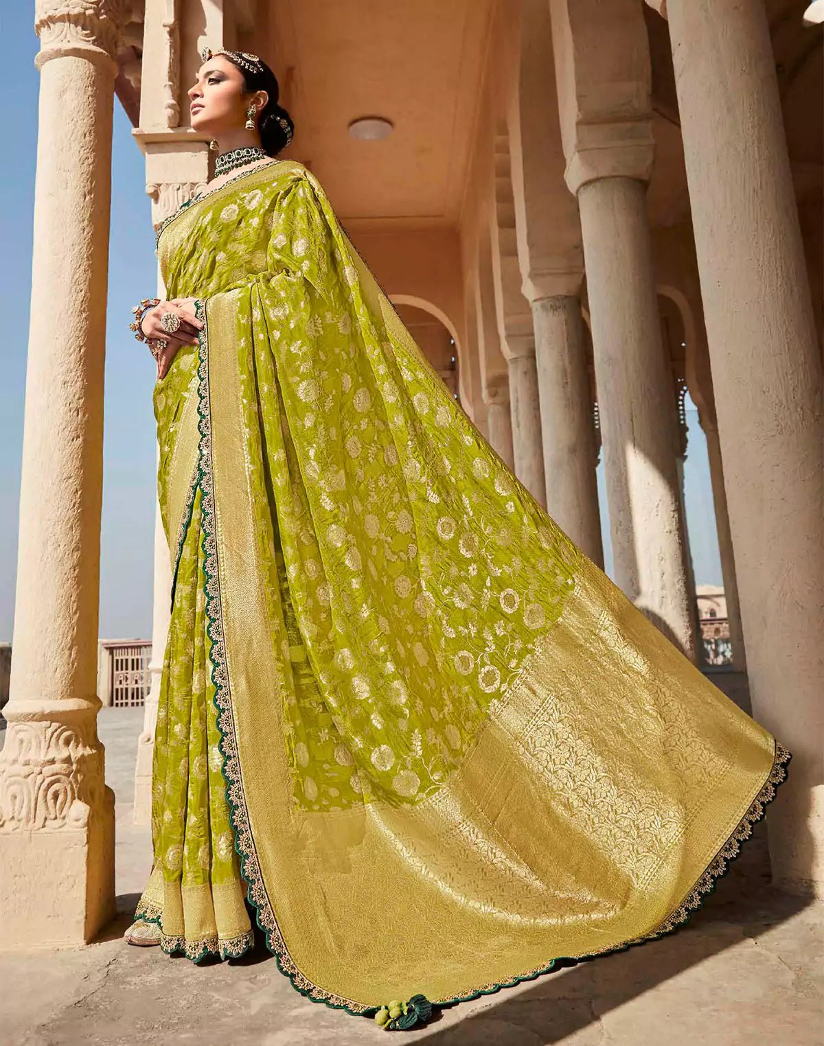 Image of Mehendi Green Floral Fancy Lace Border Banarasi Dola Silk Saree With Designer Blouse - South India Shopping Mall