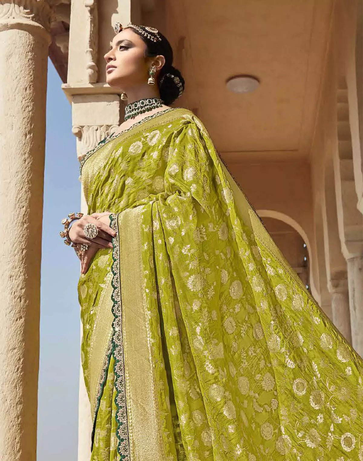 Image of Mehendi Green Floral Fancy Lace Border Banarasi Dola Silk Saree With Designer Blouse - South India Shopping Mall