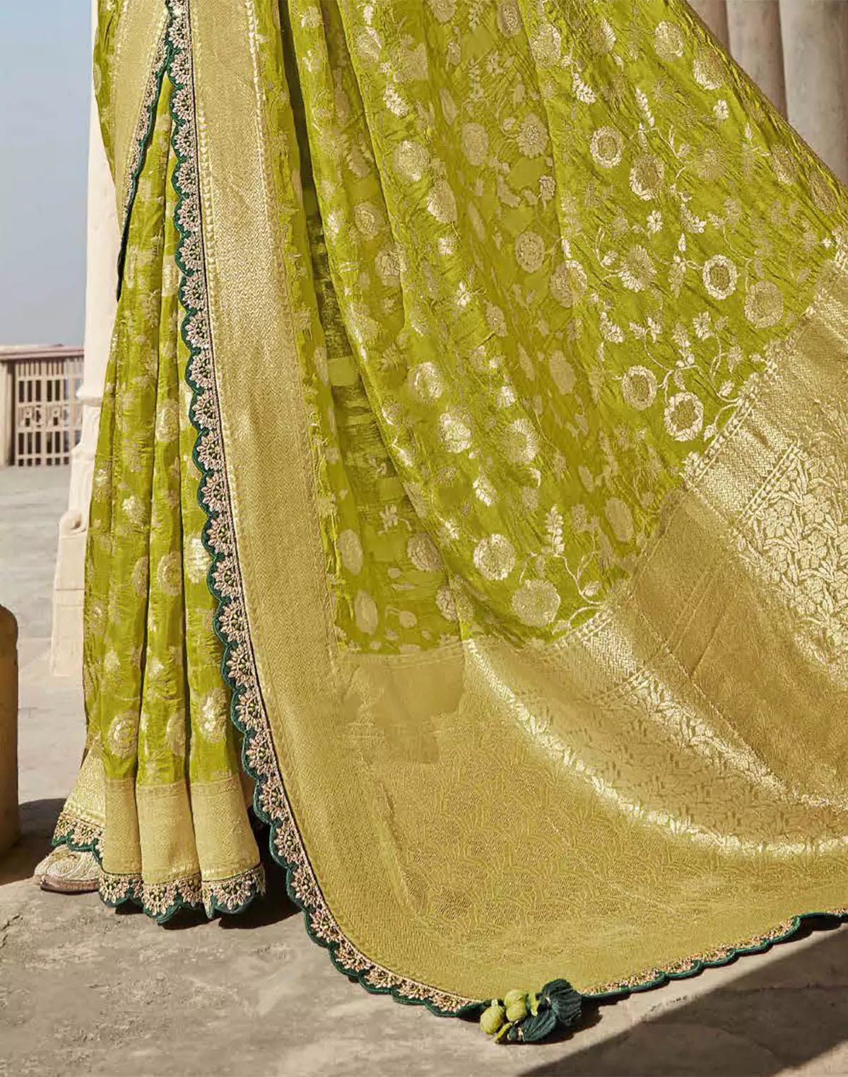 Image of Mehendi Green Floral Fancy Lace Border Banarasi Dola Silk Saree With Designer Blouse - South India Shopping Mall