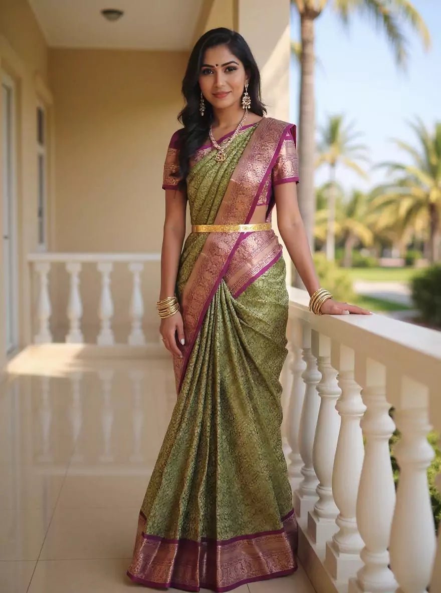 Image of Mehendi Green Floral Golden Zari Kanchi Pattu Saree - South India Shopping Mall