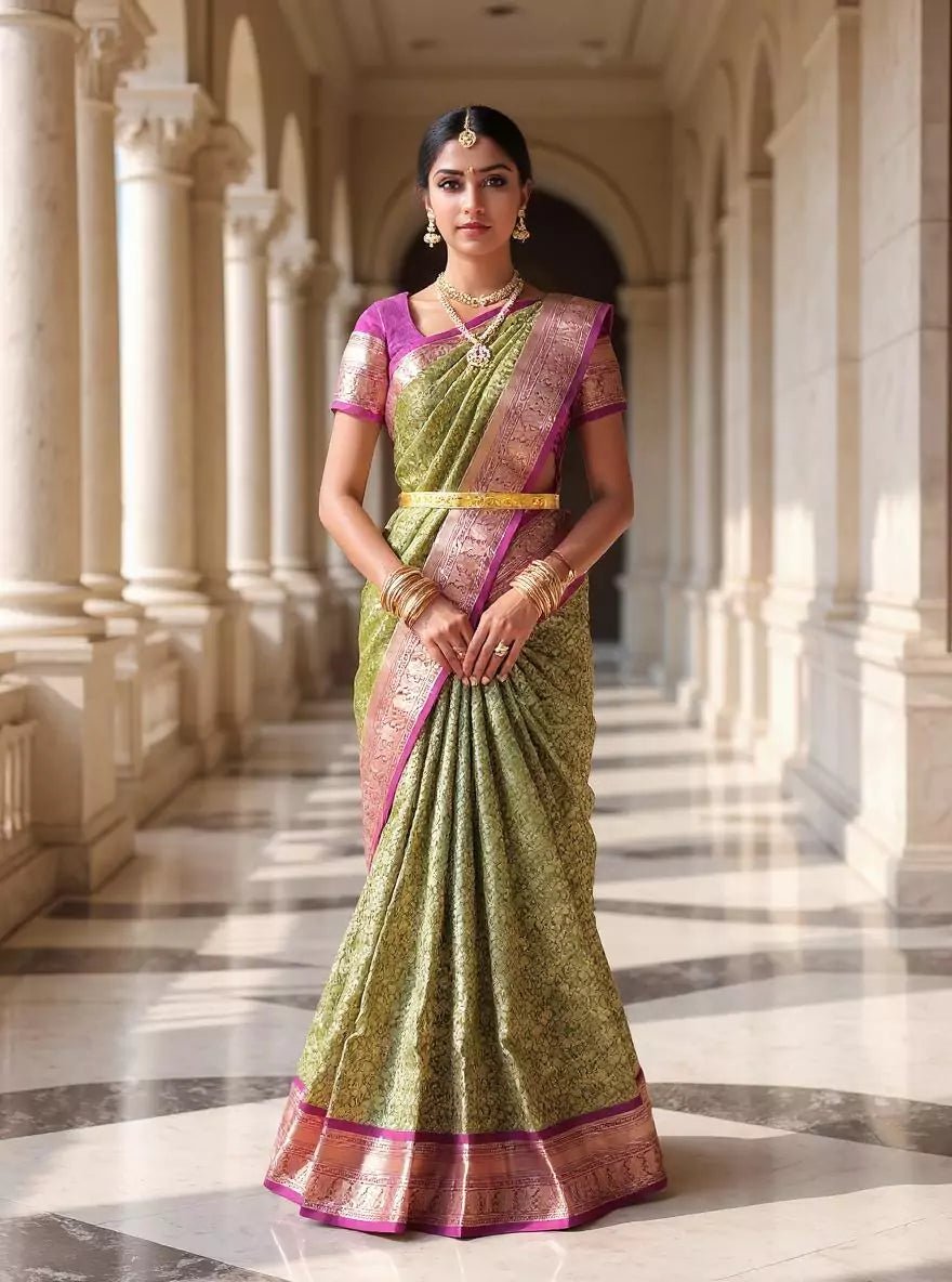 Image of Mehendi Green Floral Golden Zari Kanchi Pattu Saree - South India Shopping Mall
