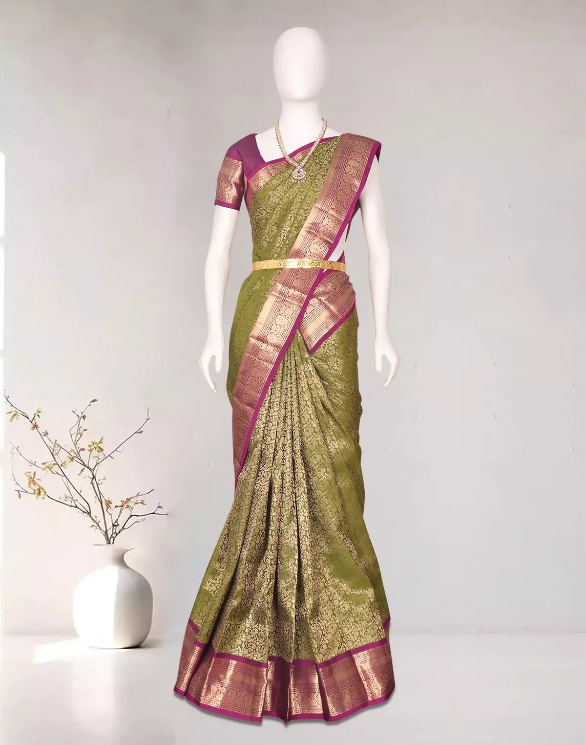 Image of Mehendi Green Floral Golden Zari Kanchi Pattu Saree - South India Shopping Mall
