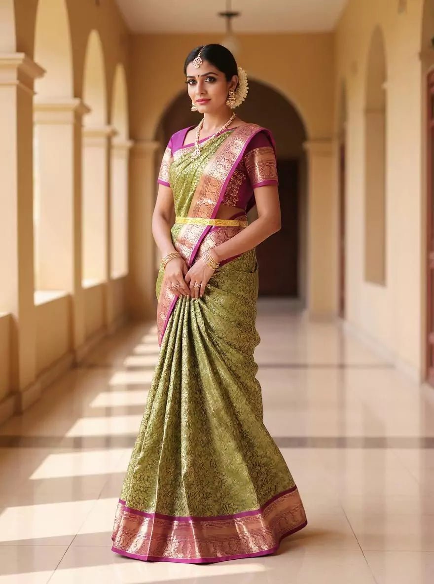 Image of Mehendi Green Floral Golden Zari Kanchi Pattu Saree - South India Shopping Mall