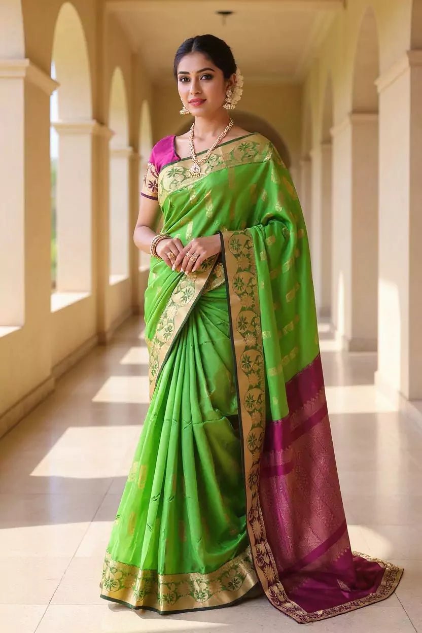 Image of Mehendi Green Floral Motifs Kanchi Soft Silk Saree with Tussels - South India Shopping Mall