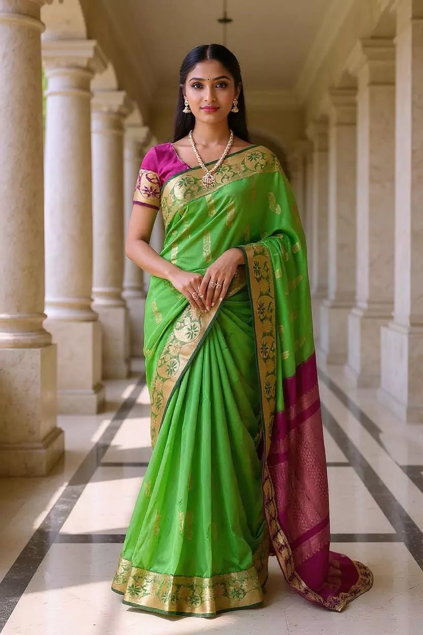 Image of Mehendi Green Floral Motifs Kanchi Soft Silk Saree with Tussels - South India Shopping Mall