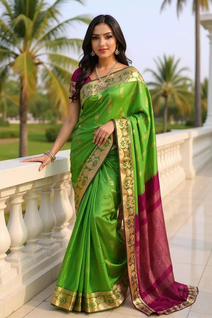 Image of Mehendi Green Floral Motifs Kanchi Soft Silk Saree with Tussels - South India Shopping Mall
