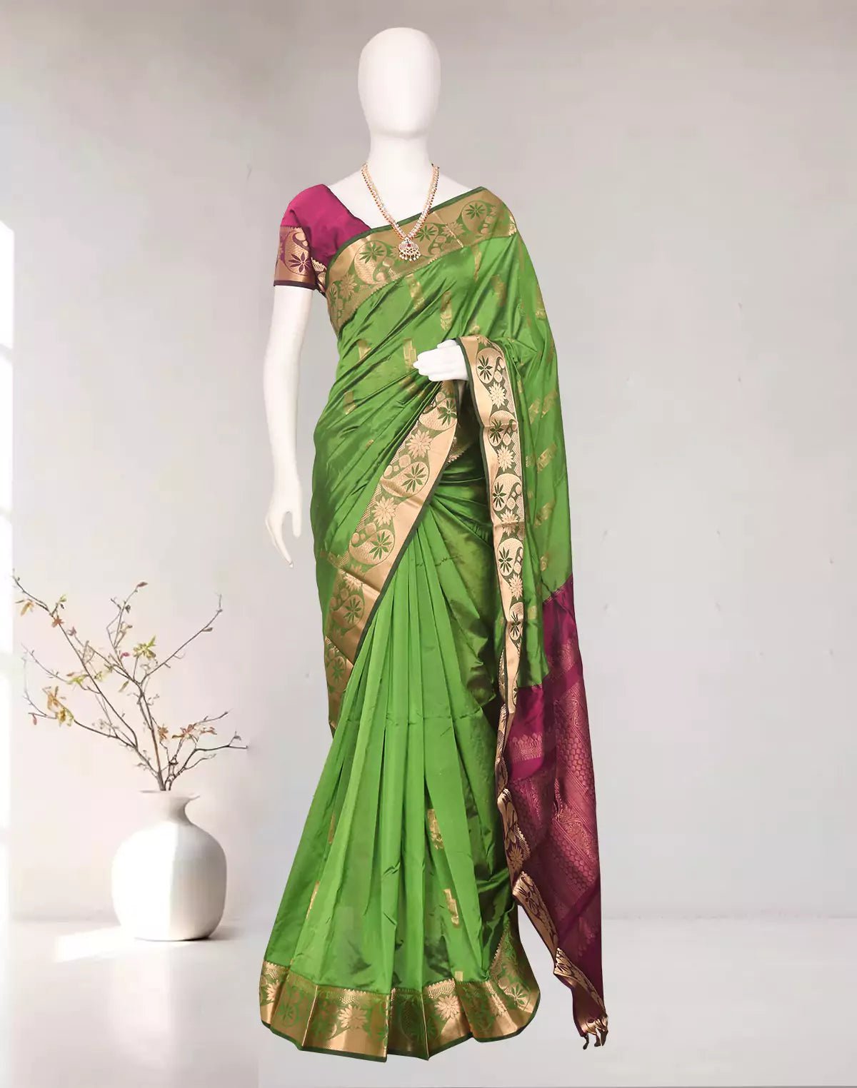 Image of Mehendi Green Floral Motifs Kanchi Soft Silk Saree with Tussels - South India Shopping Mall
