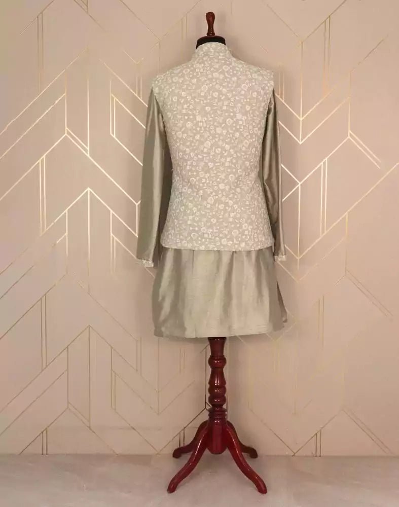 Image of Mehendi Green Plain Raw Silk Kurta Jacket Set - South India Shopping Mall