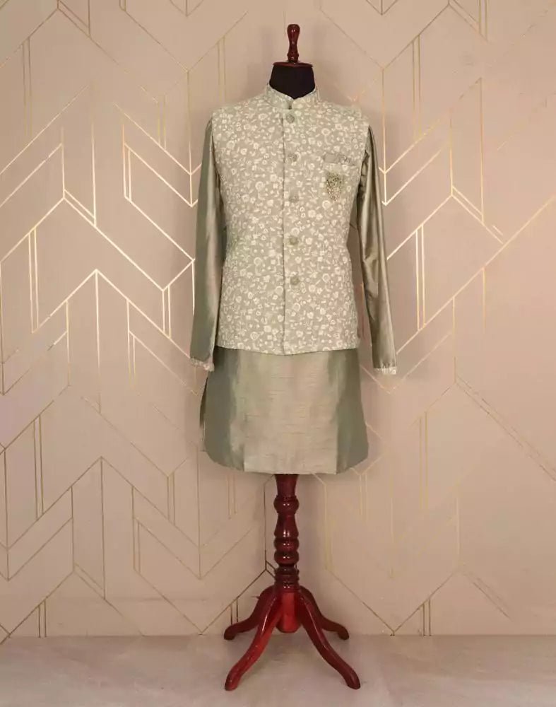 Image of Mehendi Green Plain Raw Silk Kurta Jacket Set - South India Shopping Mall