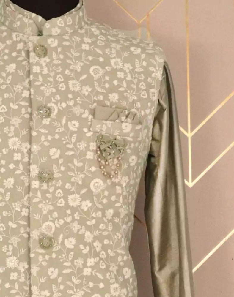 Image of Mehendi Green Plain Raw Silk Kurta Jacket Set - South India Shopping Mall