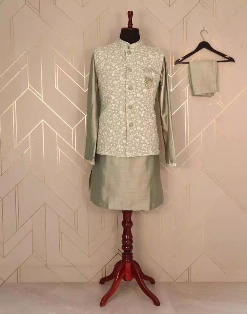 Image of Mehendi Green Plain Raw Silk Kurta Jacket Set - South India Shopping Mall