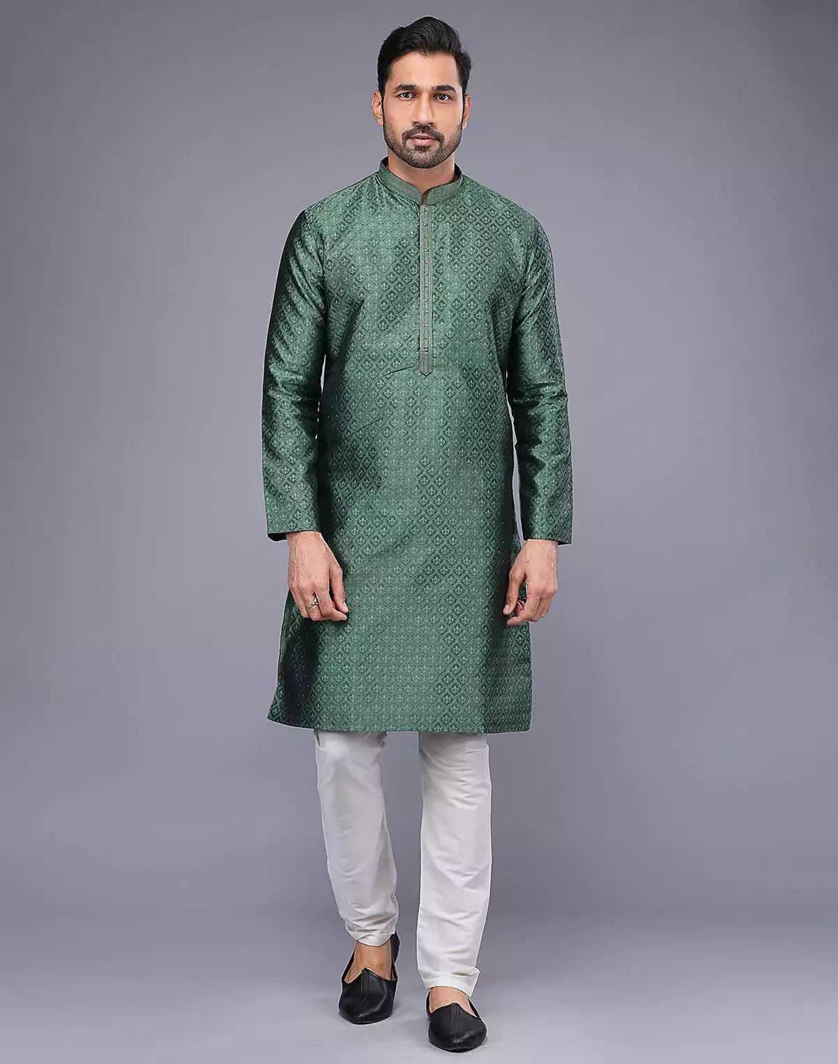Image of Mehendi Green Soft Silk Thread Work Kurta Set - South India Shopping Mall