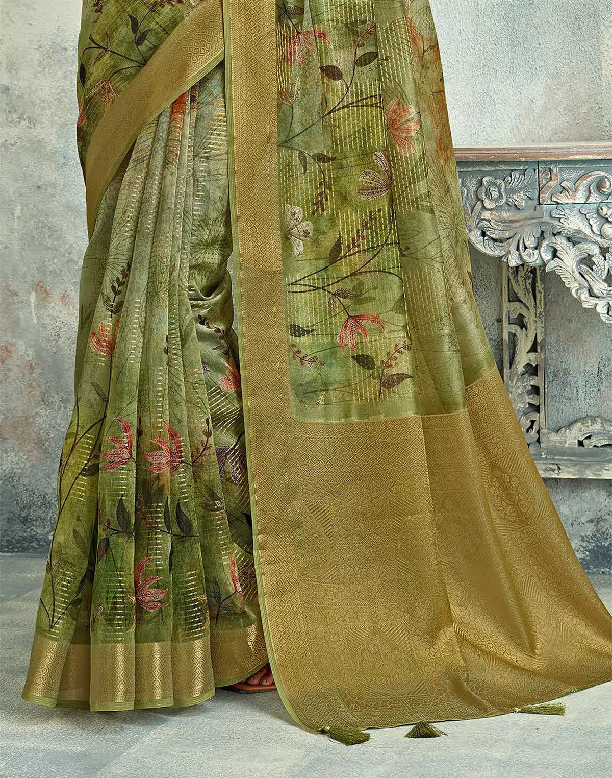Image of Mehendi Green Tissue Floral Digital Print Saree With Tussels - South India Shopping Mall