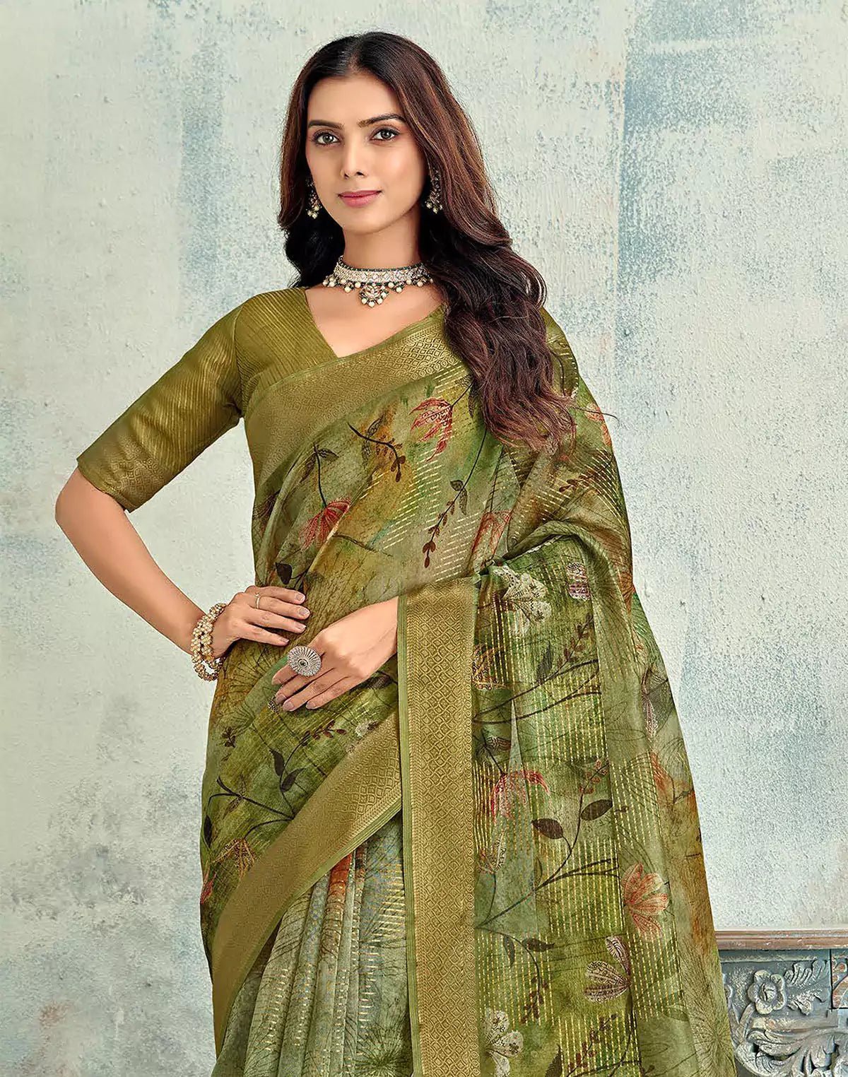 Image of Mehendi Green Tissue Floral Digital Print Saree With Tussels - South India Shopping Mall