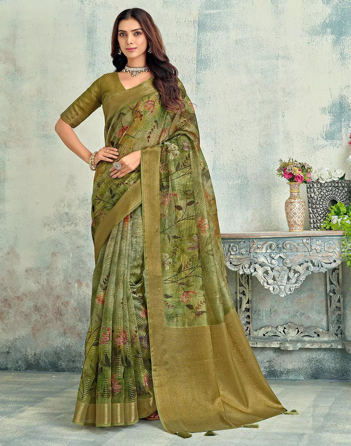 Image of Mehendi Green Tissue Floral Digital Print Saree With Tussels - South India Shopping Mall