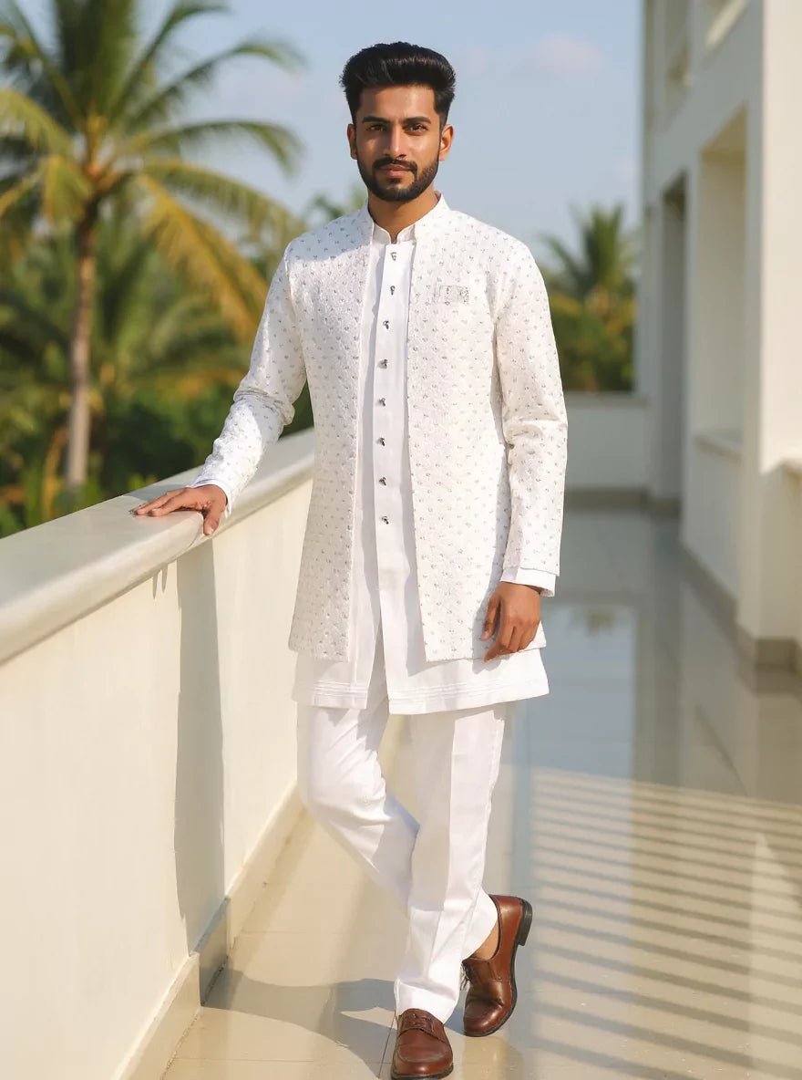 Image of Men Kurta Set White Thread Embroidered Jacket - South India Shopping Mall
