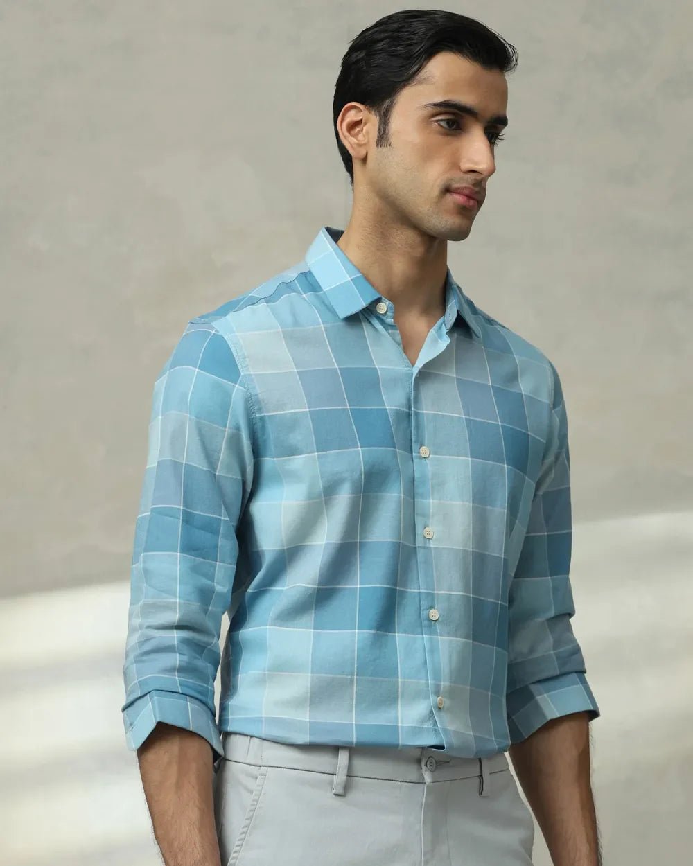 Image of Men's Teal Blue Cotton Fabric Full Sleeve Checks Shirt - South India Shopping Mall