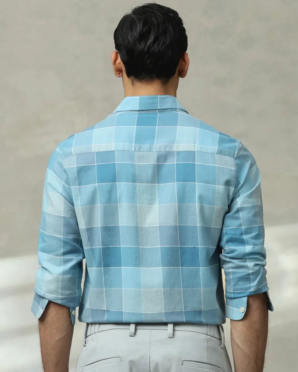 Image of Men's Teal Blue Cotton Fabric Full Sleeve Checks Shirt - South India Shopping Mall