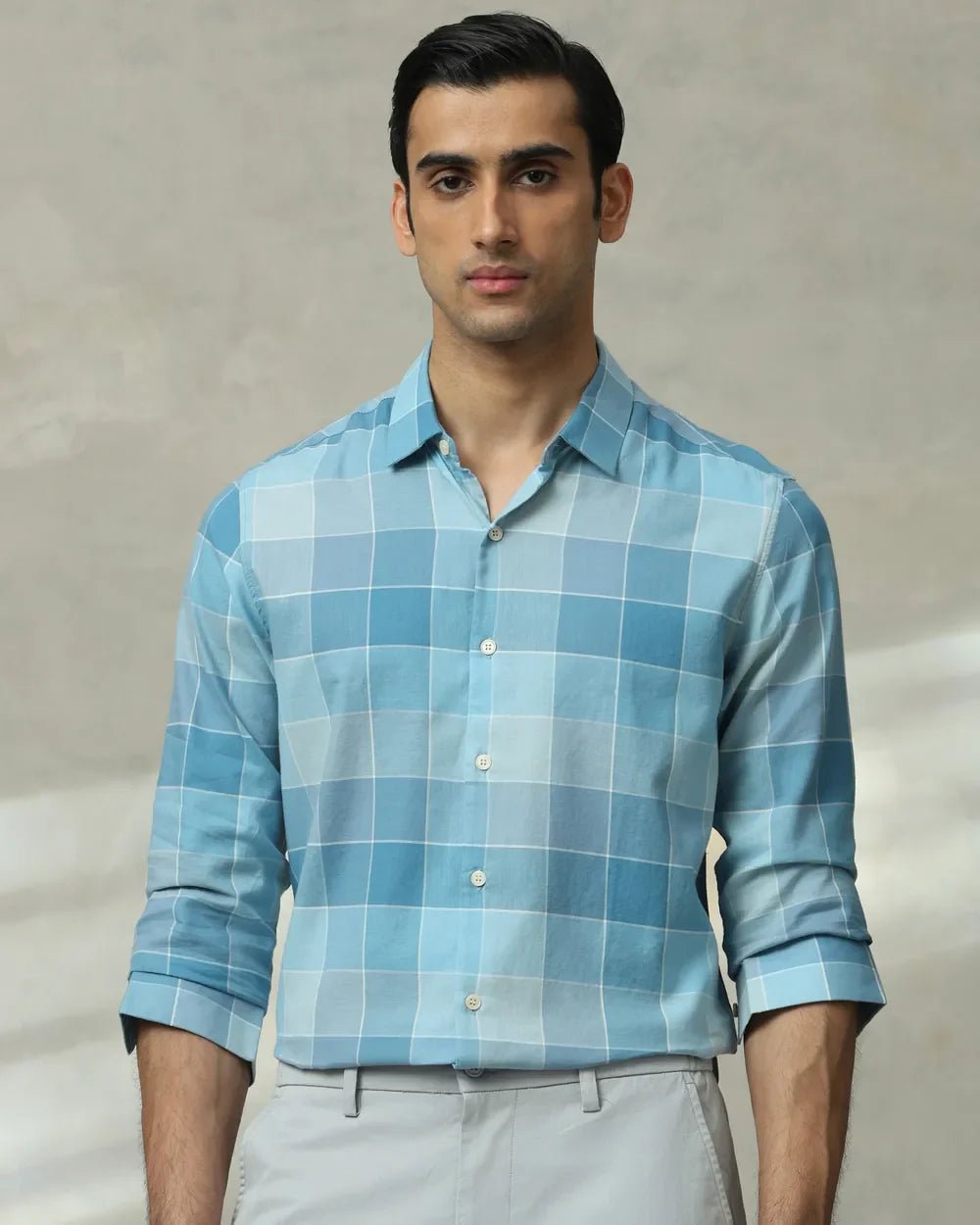 Image of Men's Teal Blue Cotton Fabric Full Sleeve Checks Shirt - South India Shopping Mall