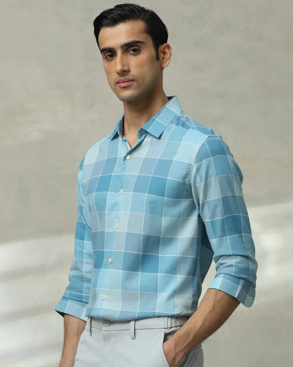 Image of Men's Teal Blue Cotton Fabric Full Sleeve Checks Shirt - South India Shopping Mall