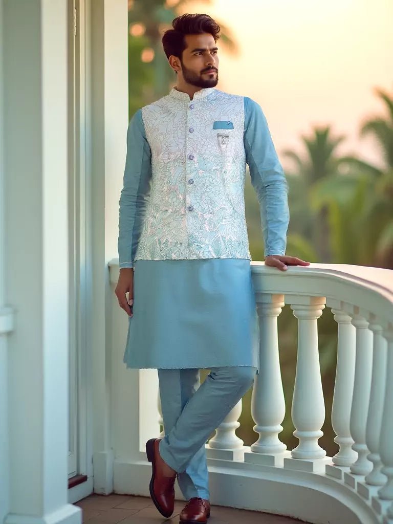 Image of Milky Silk Fabric Floral Design Thread Work Light Blue Kurta Jacket - South India Shopping Mall