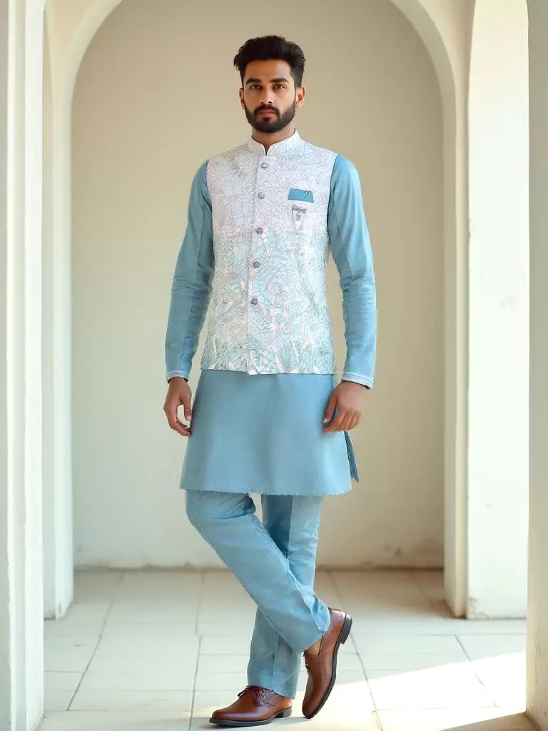 Image of Milky Silk Fabric Floral Design Thread Work Light Blue Kurta Jacket - South India Shopping Mall