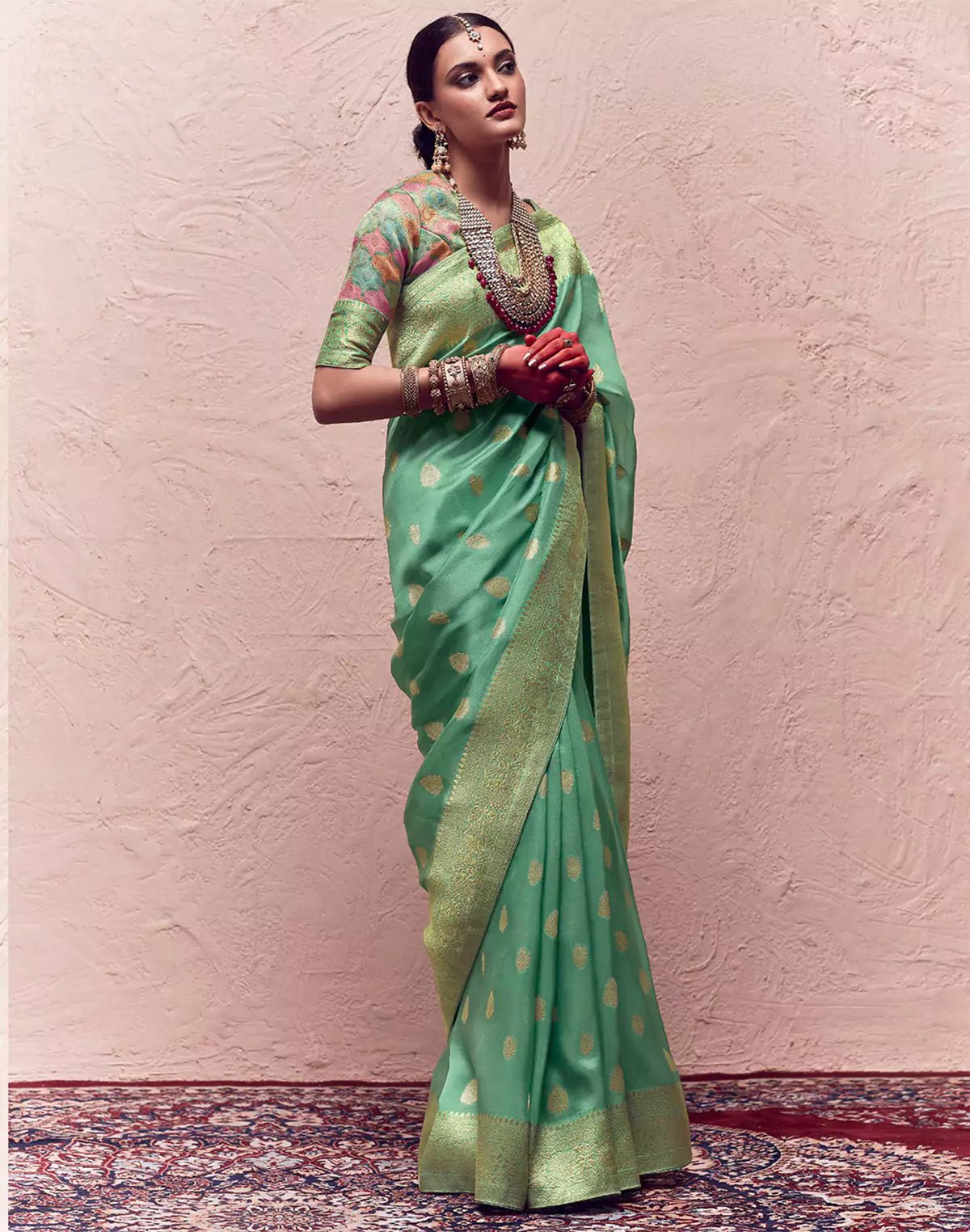 Image of Mint Green Banarasi Pure Crepe Dola Silk Saree - South India Shopping Mall