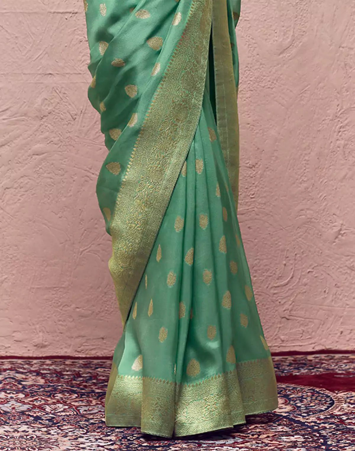 Image of Mint Green Banarasi Pure Crepe Dola Silk Saree - South India Shopping Mall