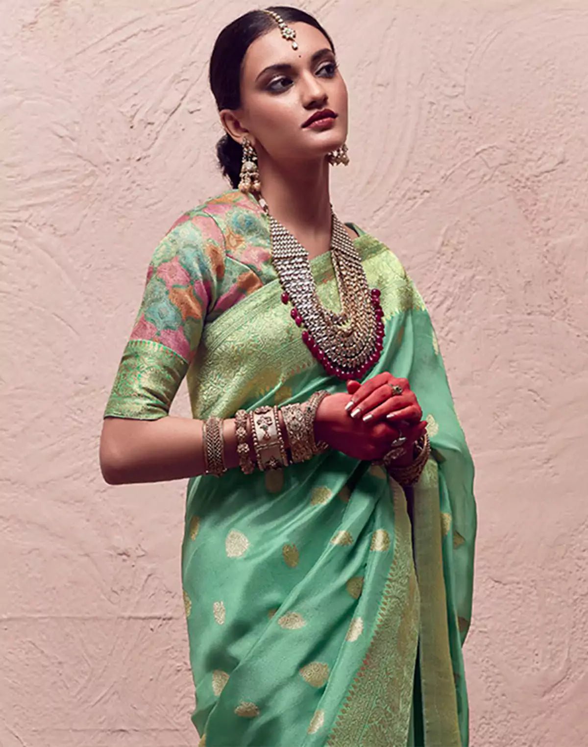 Image of Mint Green Banarasi Pure Crepe Dola Silk Saree - South India Shopping Mall