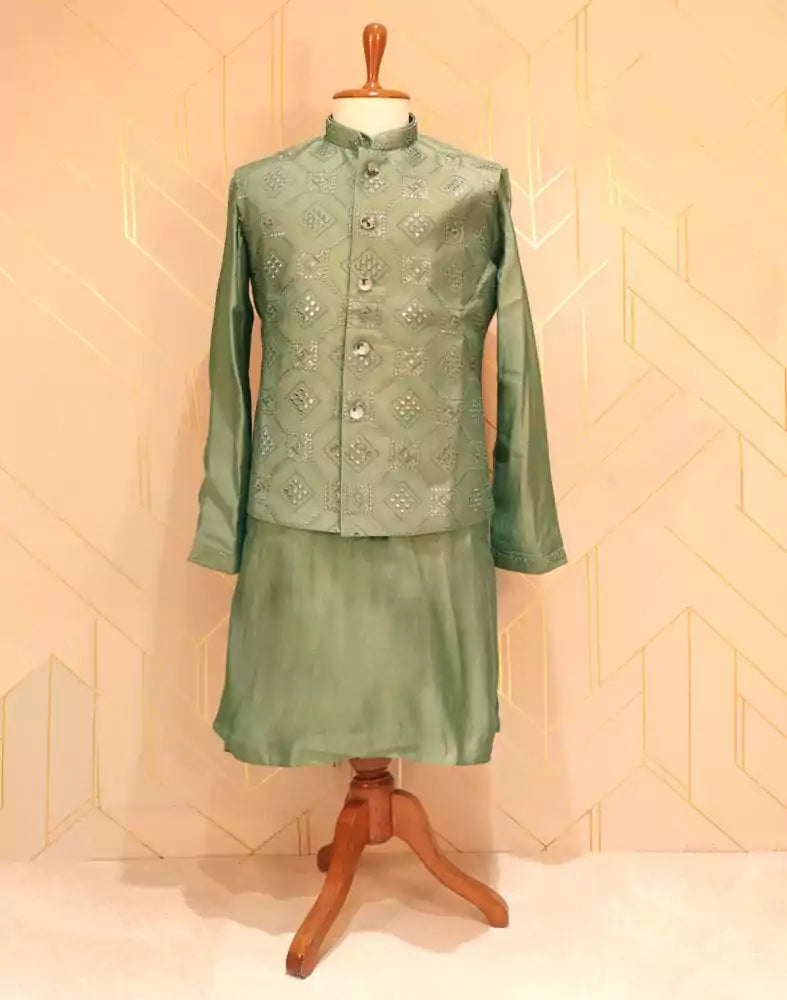 Image of De Royal Imperial Pista Green Raw Silk Kurta Jacket Set