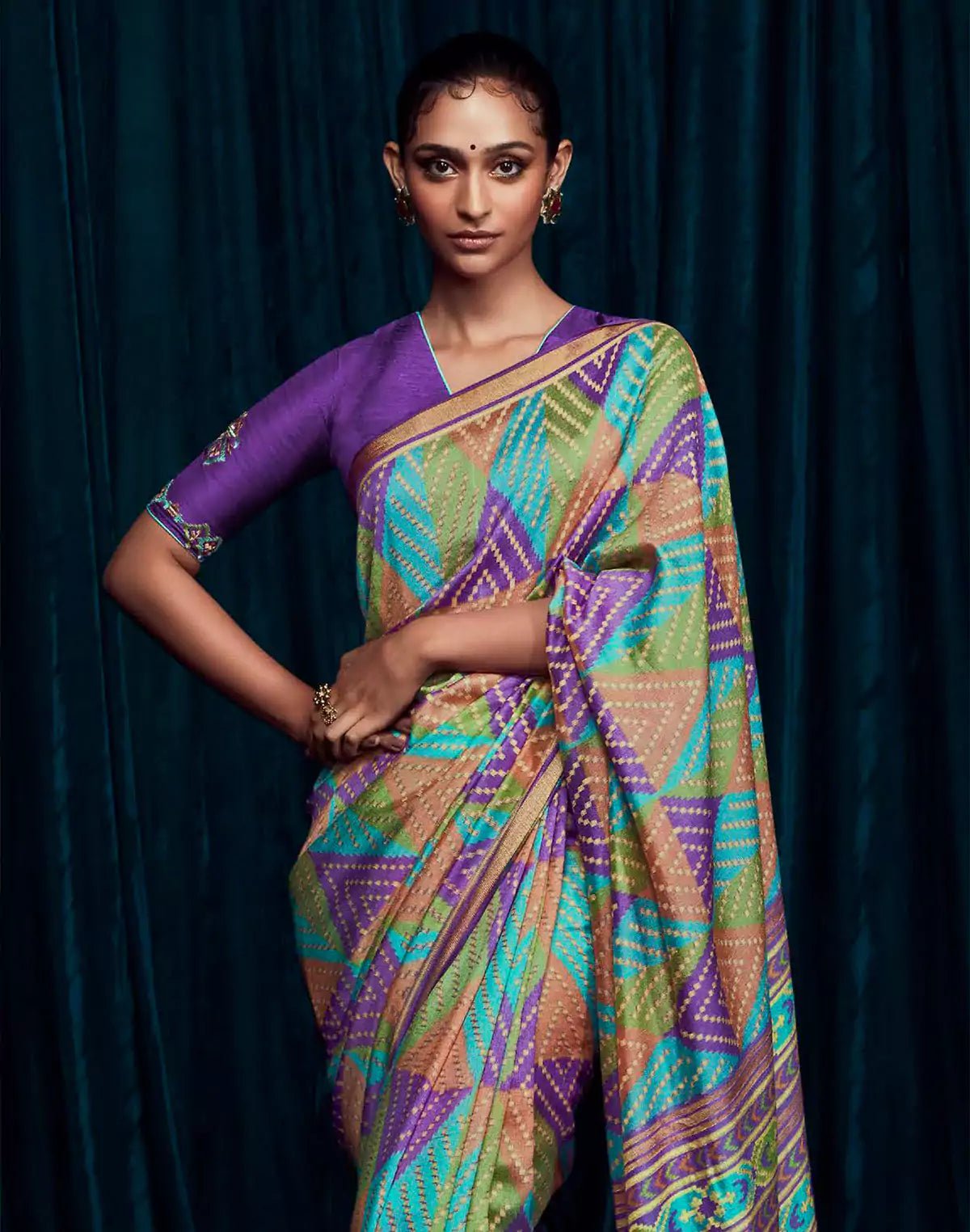 Multi Color Brasso Silk Saree With Embroidered Blouse - South India Shopping Mall