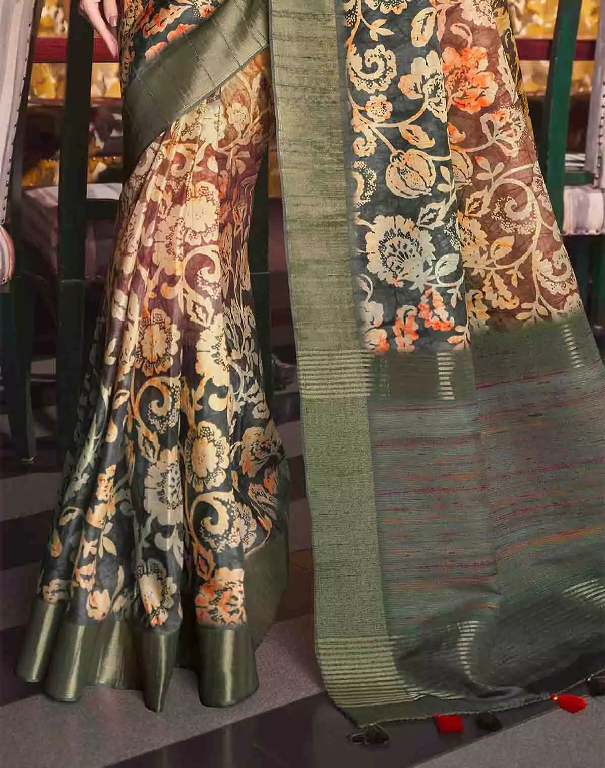 Image of Multi Color Floral Print Tussar Silk Designer Saree - South India Shopping Mall