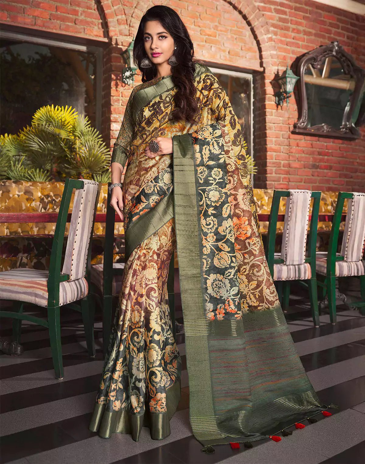 Image of Multi Color Floral Print Tussar Silk Designer Saree - South India Shopping Mall