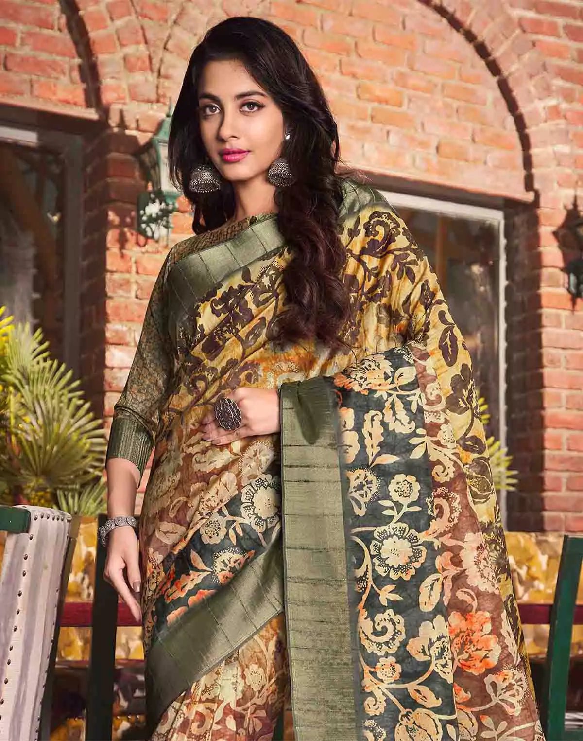 Image of Multi Color Floral Print Tussar Silk Designer Saree - South India Shopping Mall