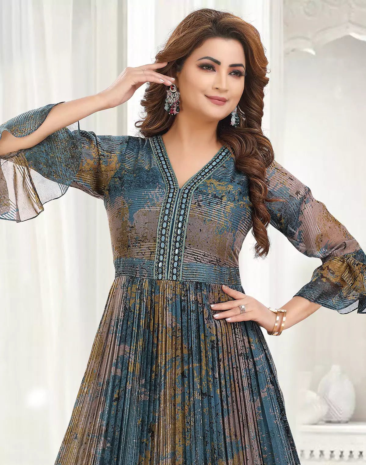 Image of Multi Color Graphic Print Georgette Bell Sleeves Kurti - South India Shopping Mall