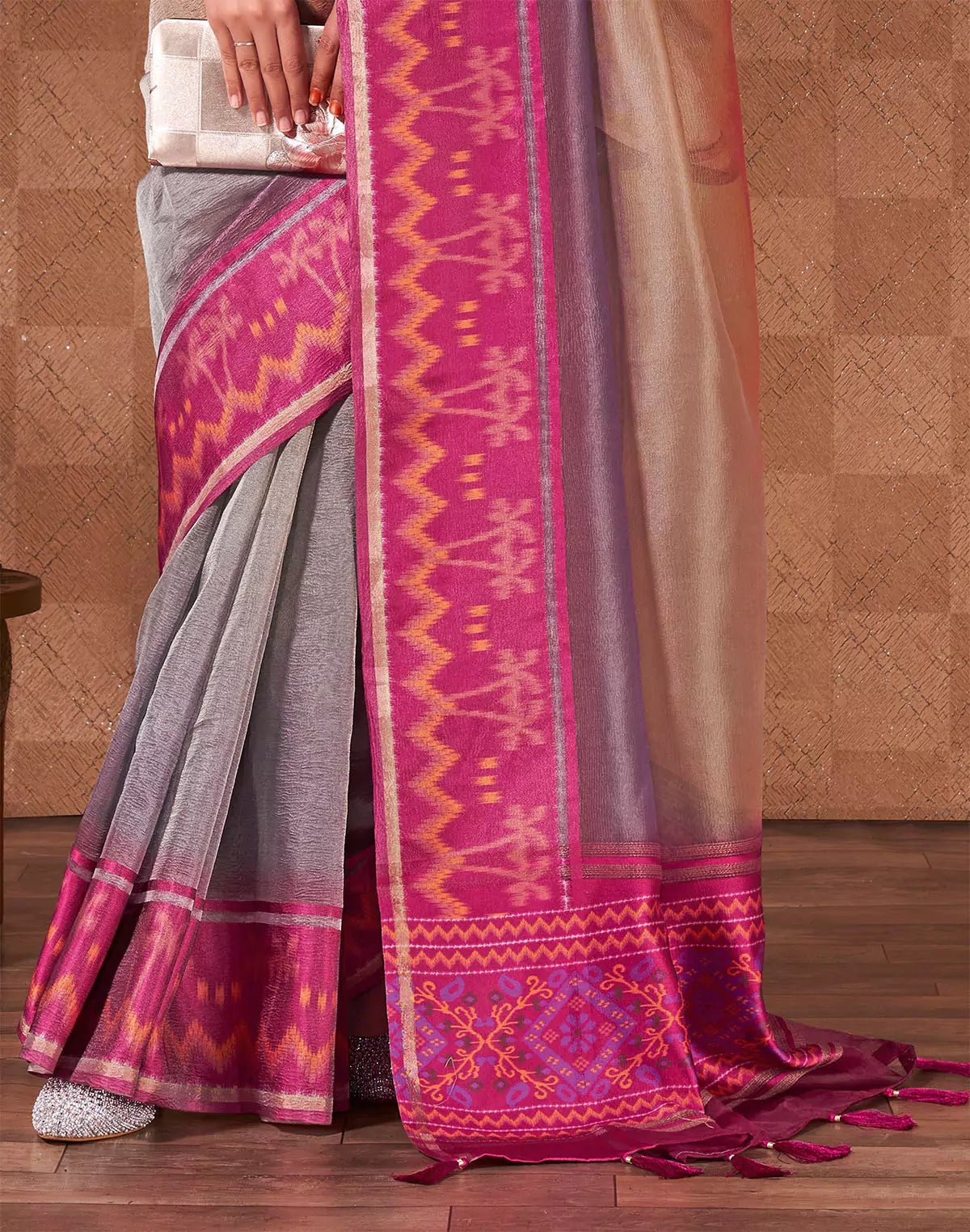 Image of Multi Color Plain Georgette Saree With Contrast Pink Border - South India Shopping Mall