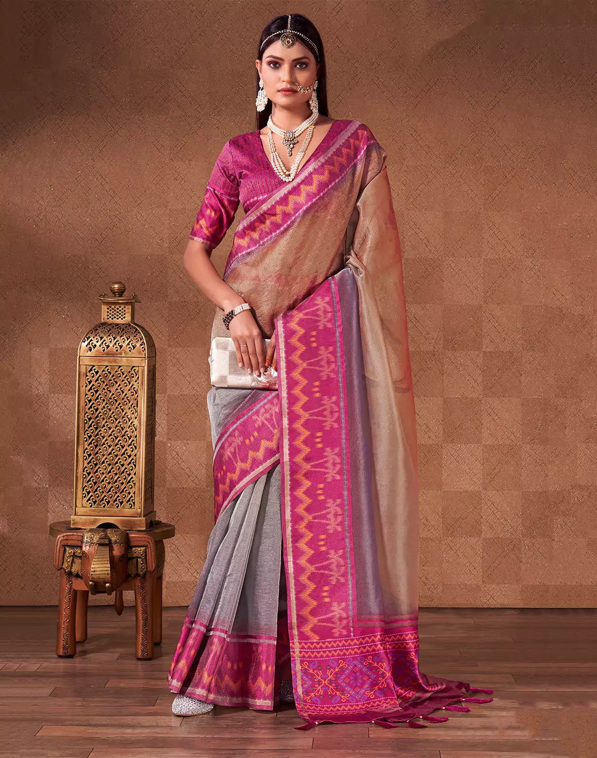 Image of Multi Color Plain Georgette Saree With Contrast Pink Border - South India Shopping Mall