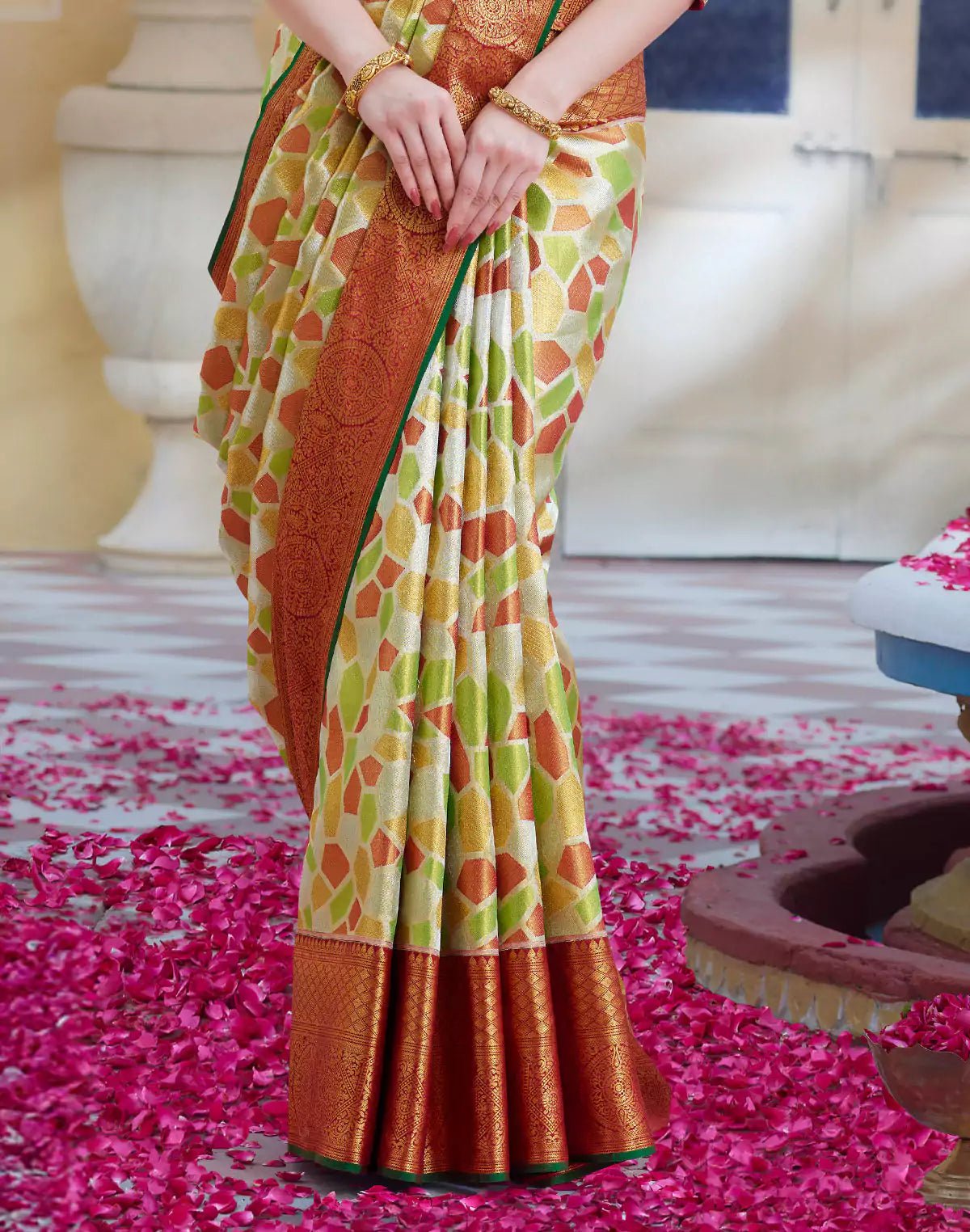 Image of Multi Color Tissue Jaal Pure Silk Saree With Contrast Blouse - South India Shopping Mall