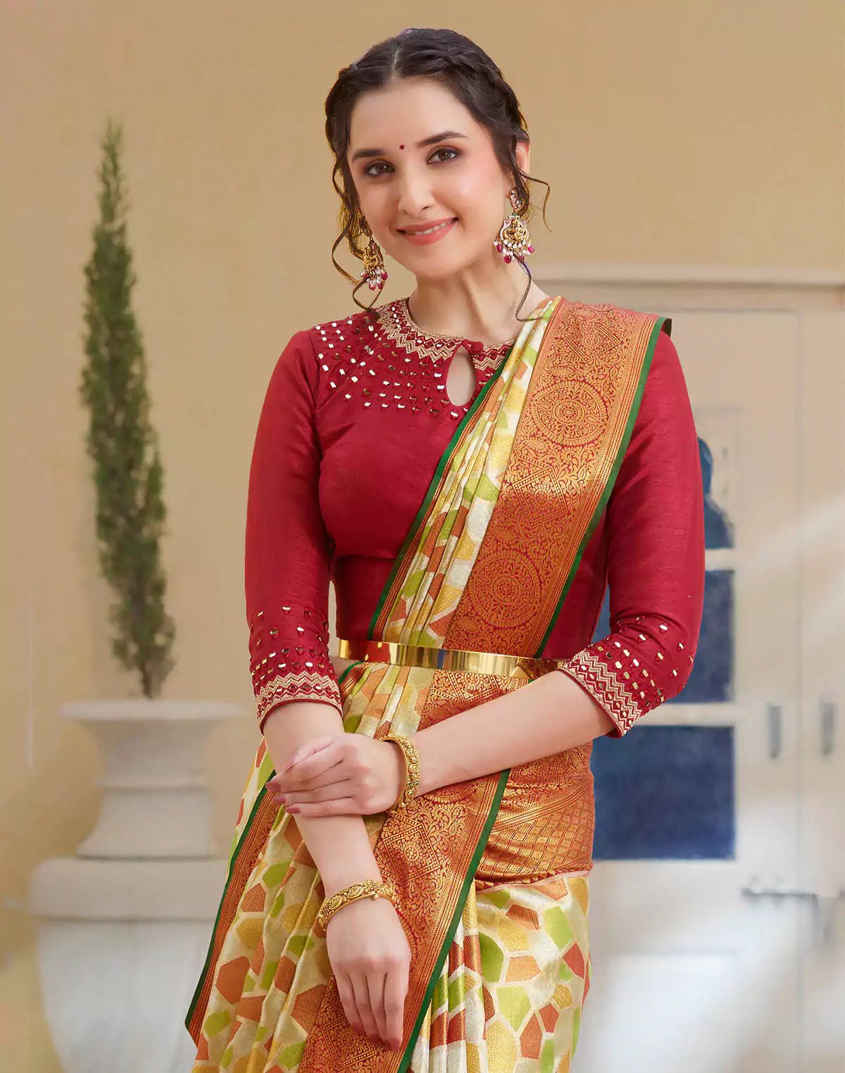 Image of Multi Color Tissue Jaal Pure Silk Saree With Contrast Blouse - South India Shopping Mall