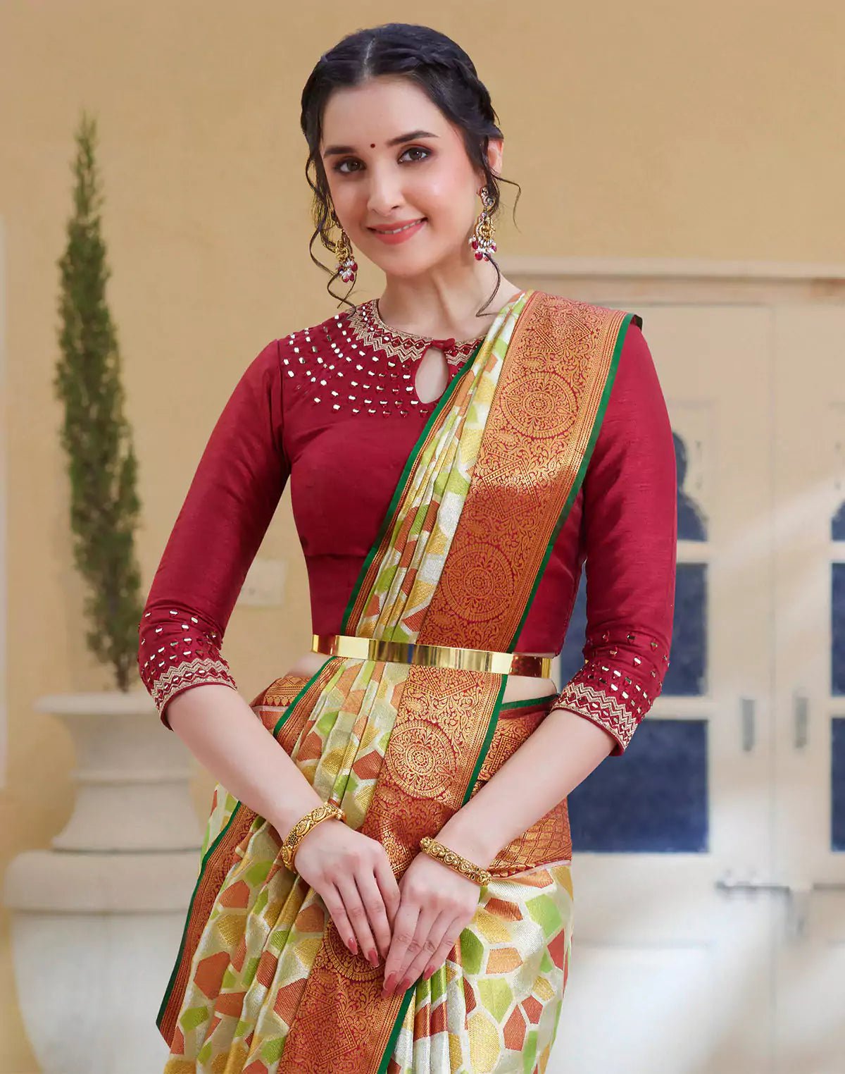 Multi Color Tissue Jaal Pure Silk Saree With Contrast Blouse - South India Shopping Mall