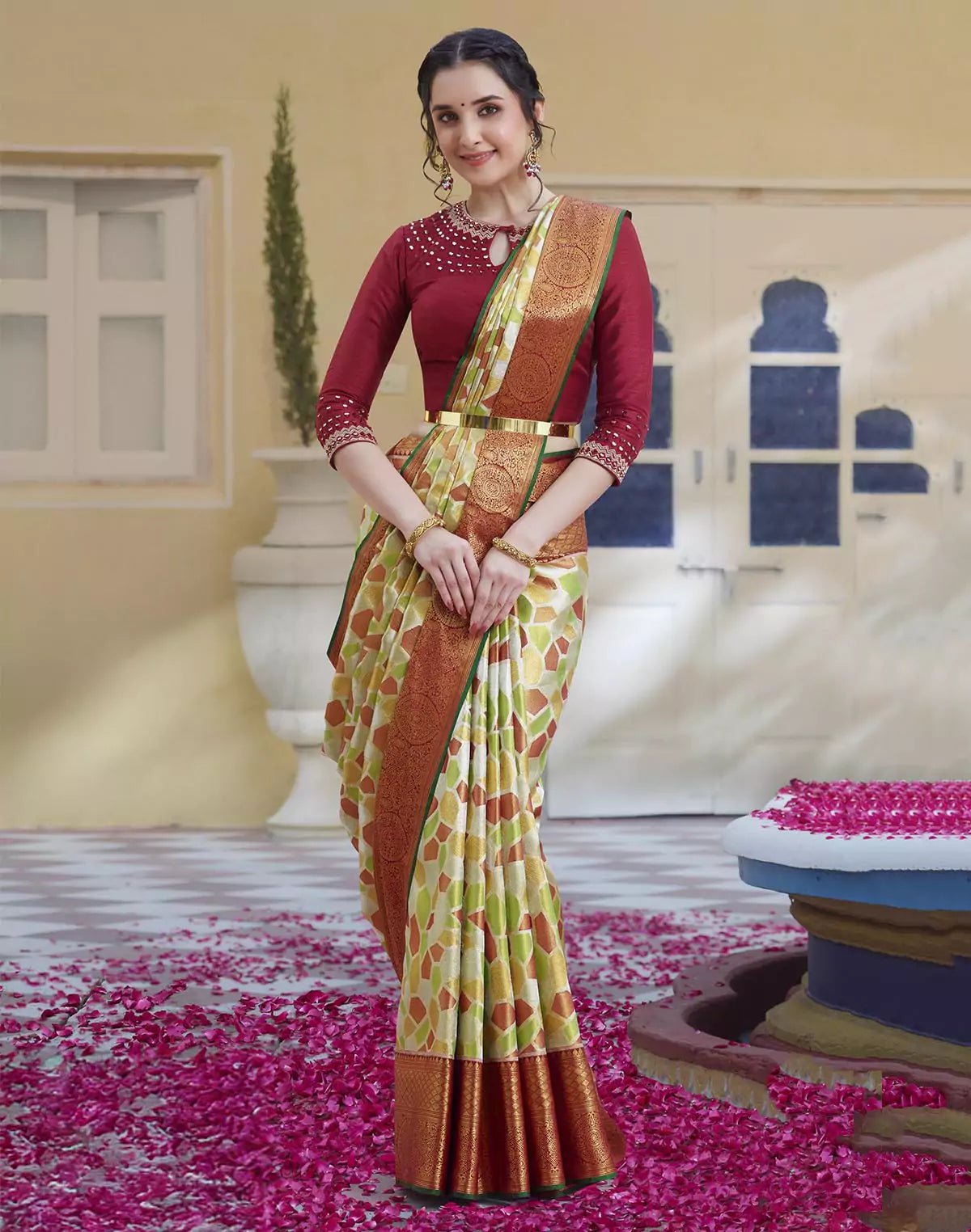 Multi Color Tissue Jaal Pure Silk Saree With Contrast Blouse - South India Shopping Mall