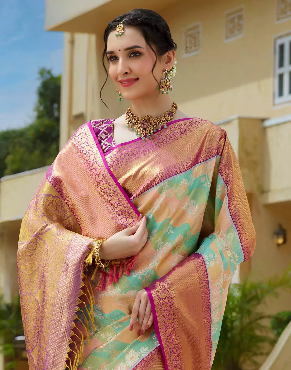 Multi Color Tissue Jaal Pure Silk Saree With Contrast Border - South India Shopping Mall