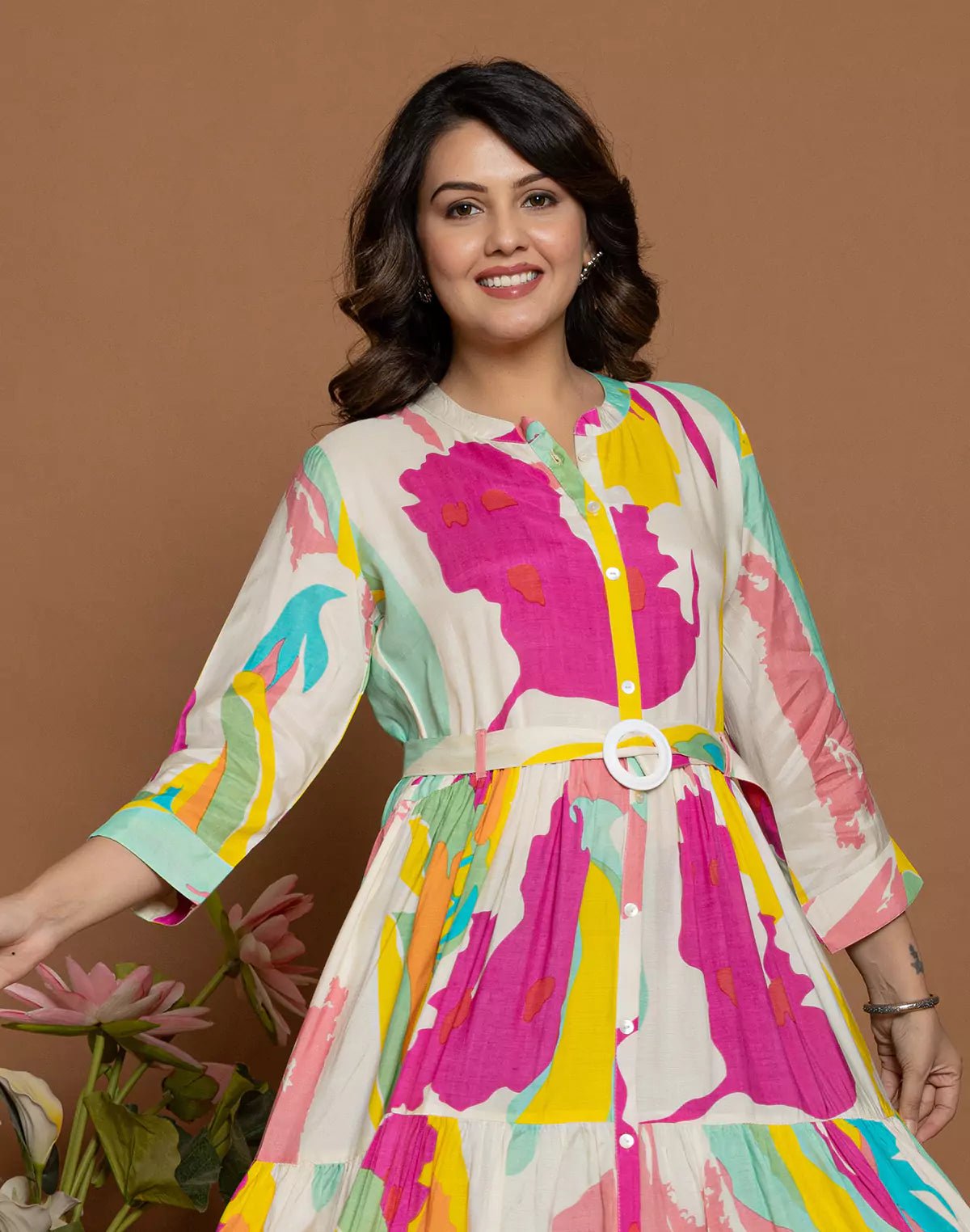 Image of Multi Coloured Graphic Print Rayon Flared Long Kurti with Belt - South India Shopping Mall