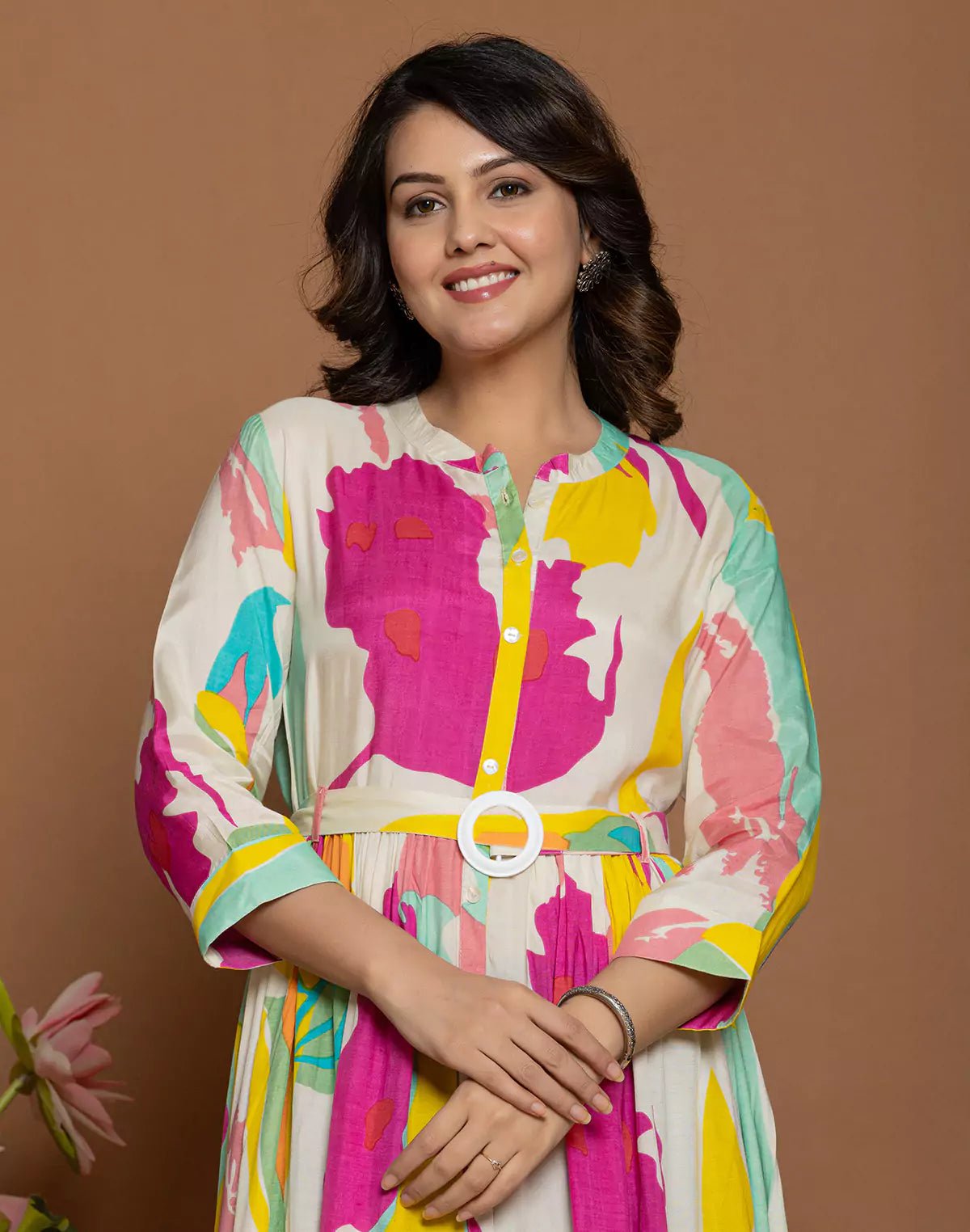 Image of Multi Coloured Graphic Print Rayon Flared Long Kurti with Belt - South India Shopping Mall