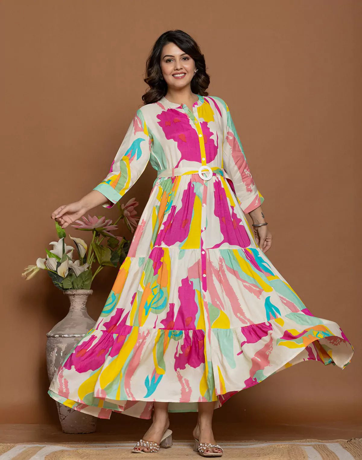 Image of Multi Coloured Graphic Print Rayon Flared Long Kurti with Belt - South India Shopping Mall