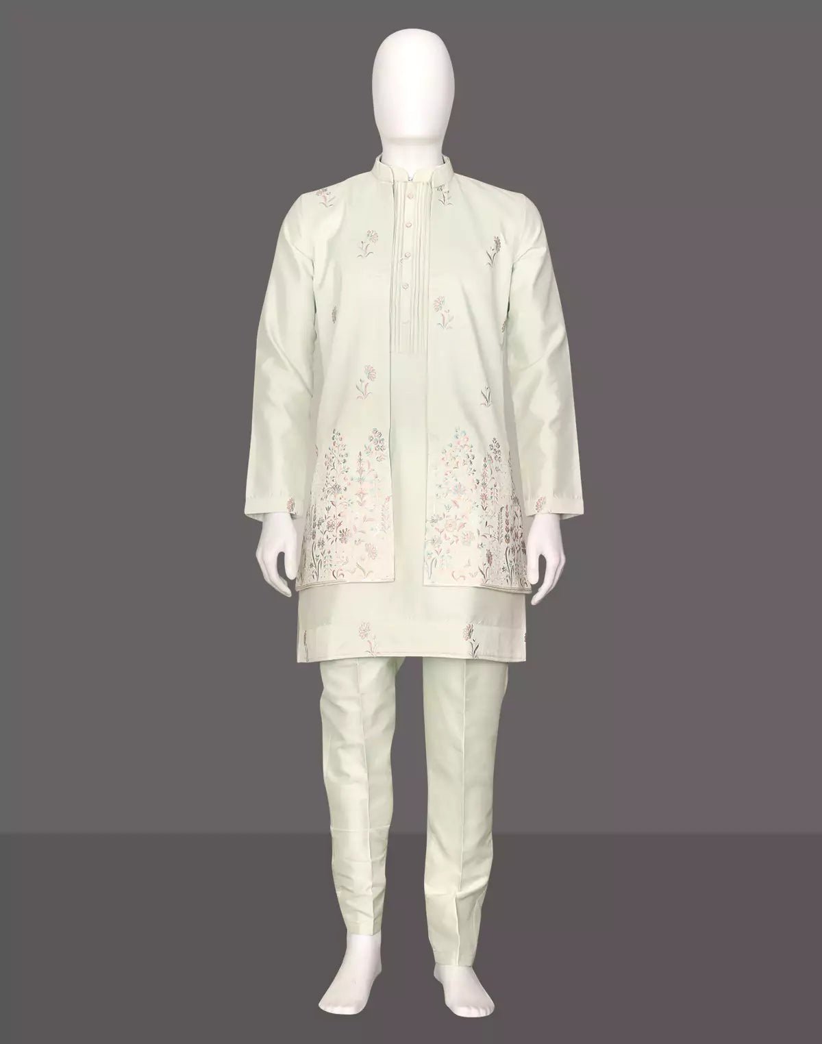 Image of Multi Thread Embroidery Raw Silk Pista Colour Kurta Jacket Set - South India Shopping Mall