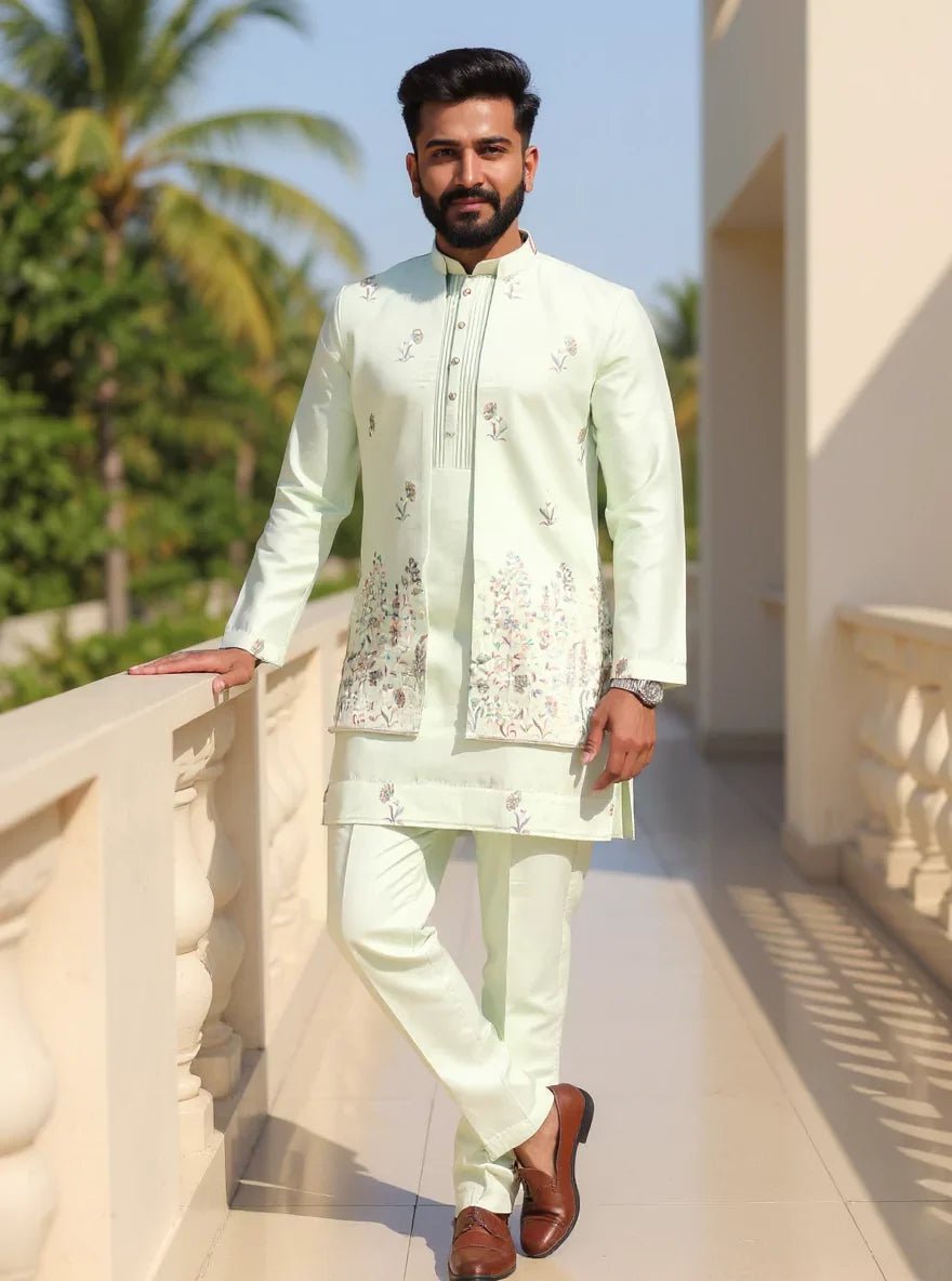 Image of Multi Thread Embroidery Raw Silk Pista Colour Kurta Jacket Set - South India Shopping Mall